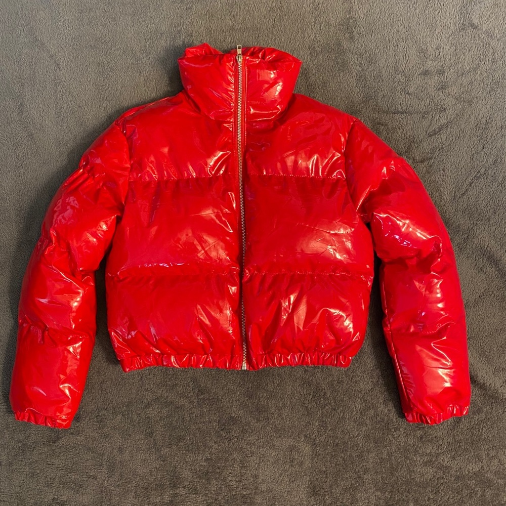 Red Patent Leather Puffer Jacket